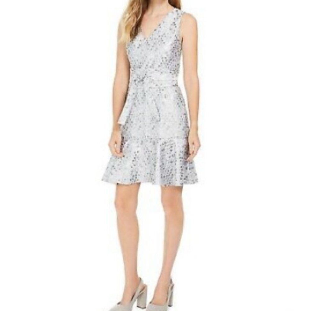 NATORI Silver A-Line Jacquard Peplum Mini Dress Sleeveless Tie Waist Sz 8 NWT